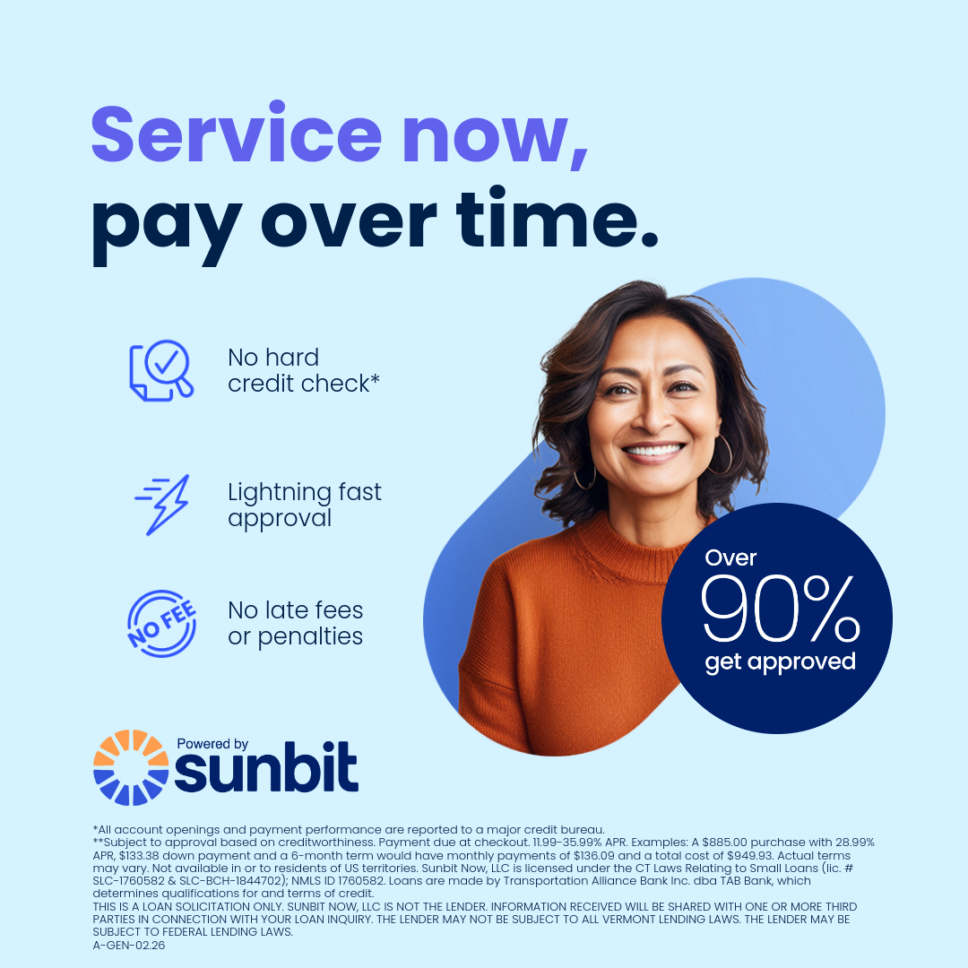 Financial advertisement promoting Sunbit, featuring a smiling woman and text highlighting benefits such as no hard credit check, fast approval, no late fees, and over 90% approval rate.