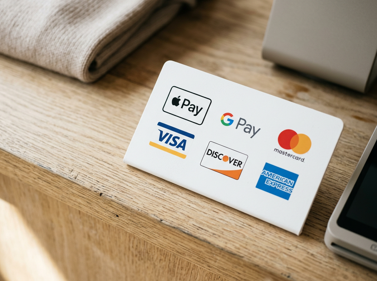 Payment method signs including Apple Pay, Google Pay, Mastercard, Visa, Discover, and American Express on a white card on a wooden surface.