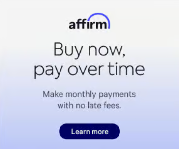 Affirm logo with the message 'Buy now, pay over time,' and a button labeled 'Learn more' on a white background.