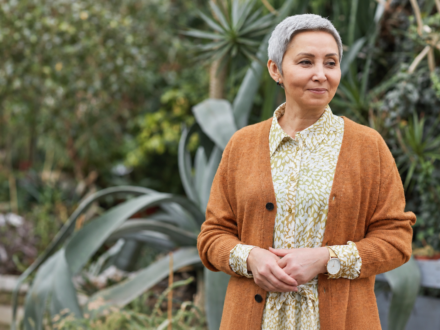 Menopausal women Asian in garden