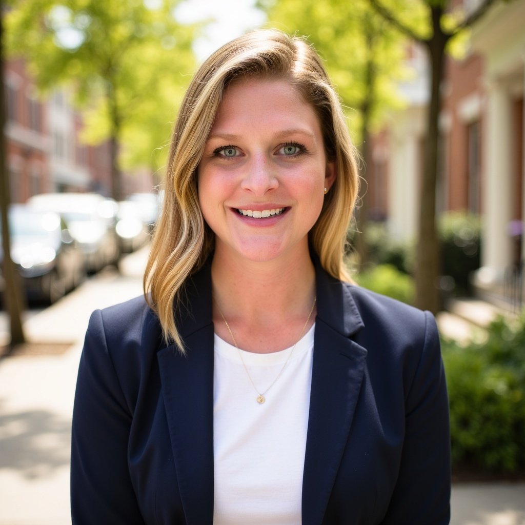 A smiling young woman with blonde hair, wearing a navy blazer and white shirt, standing on a tree-lined sidewalk in an urban neighborhood.