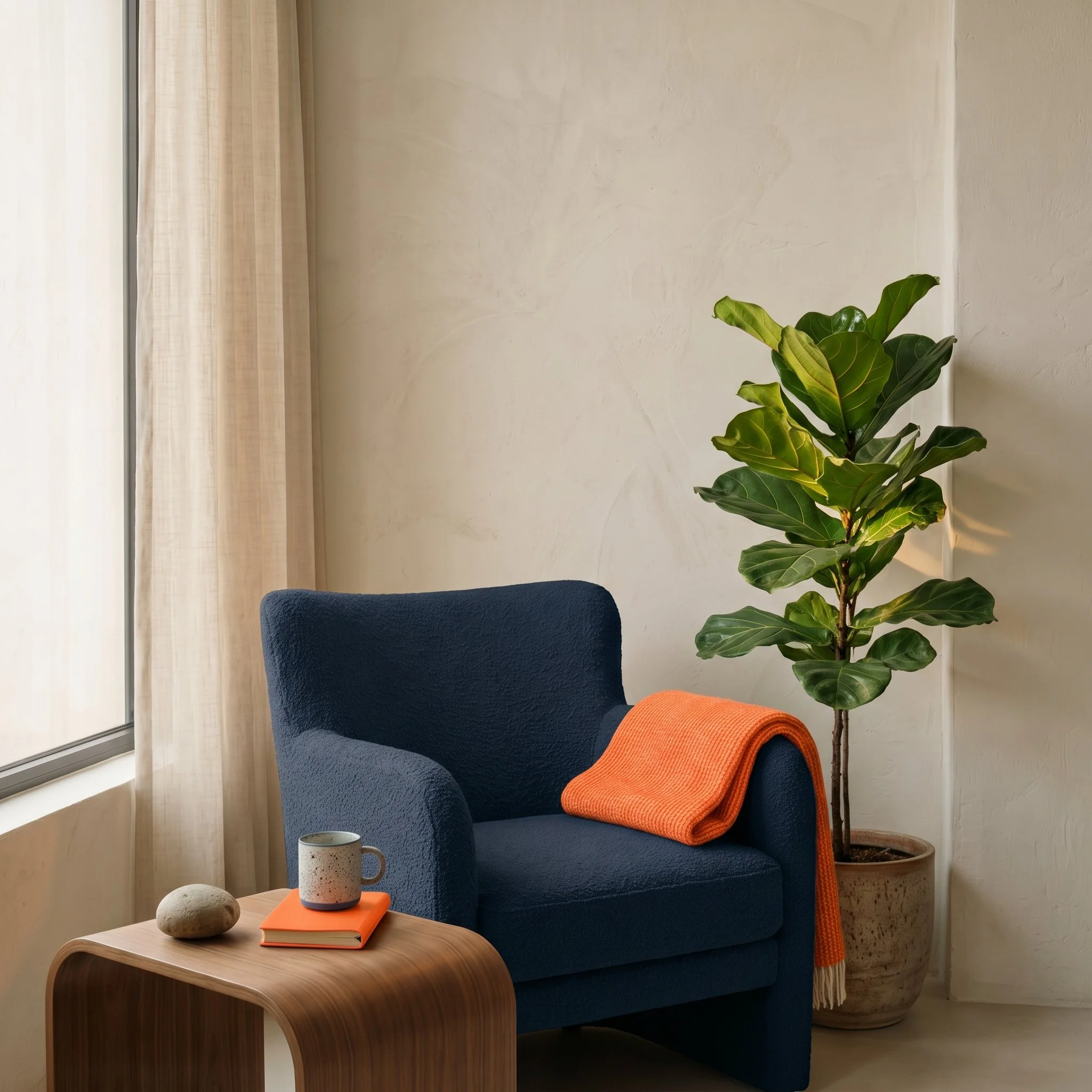 A cozy corner with a navy blue armchair covered by an orange throw blanket, next to a wooden side table holding a ceramic mug, a speckled stone, and an orange notebook. A tall potted plant with large green leaves blooms nearby, set against a neutral wall with natural light coming from a window with sheer curtains.