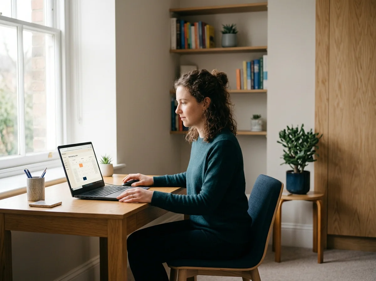 A woman working on a laptop at a desk in a well-lit, cozy room with bookshelves and houseplants.