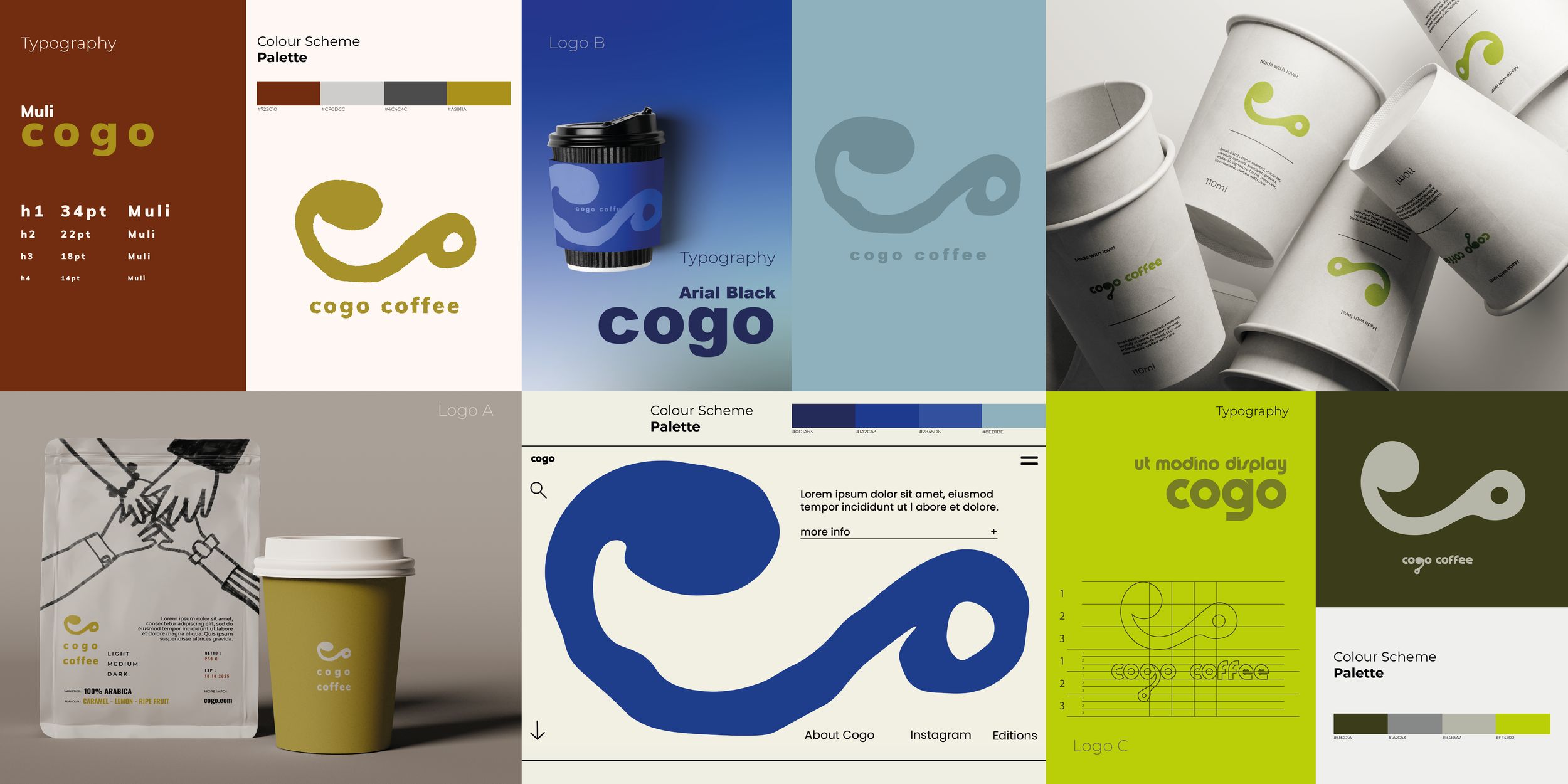 Multiple coffee cups and packaging displaying the branding and design elements of 'cogo coffee,' including logos, typography, and color schemes, with a focus on various shades of blue, green, and neutral tones.
