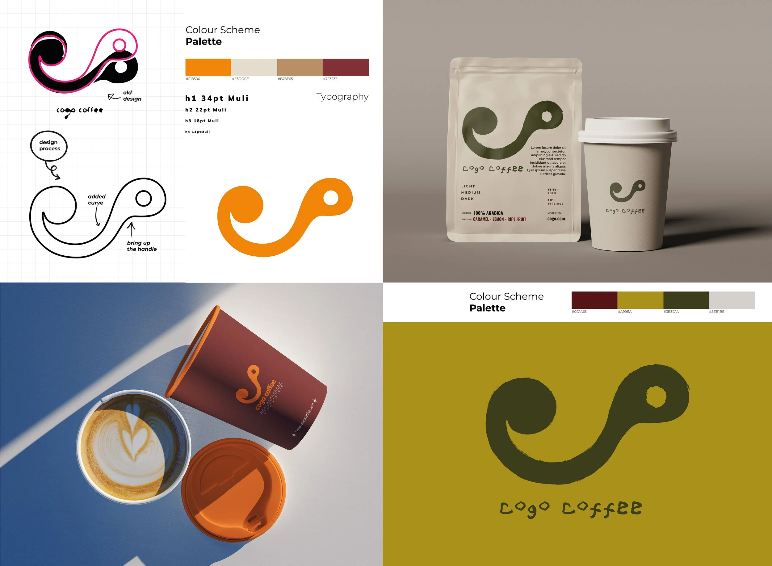 Graphic design for a coffee brand featuring a stylized, curled shape resembling a coffee bean or swirl with the text 'Cogo Coffee'. The design includes a color palette with shades of orange, beige, and dark red, and shows branding elements such as a coffee bag, a cup of coffee with latte art, and a takeaway coffee cup on a neutral background.