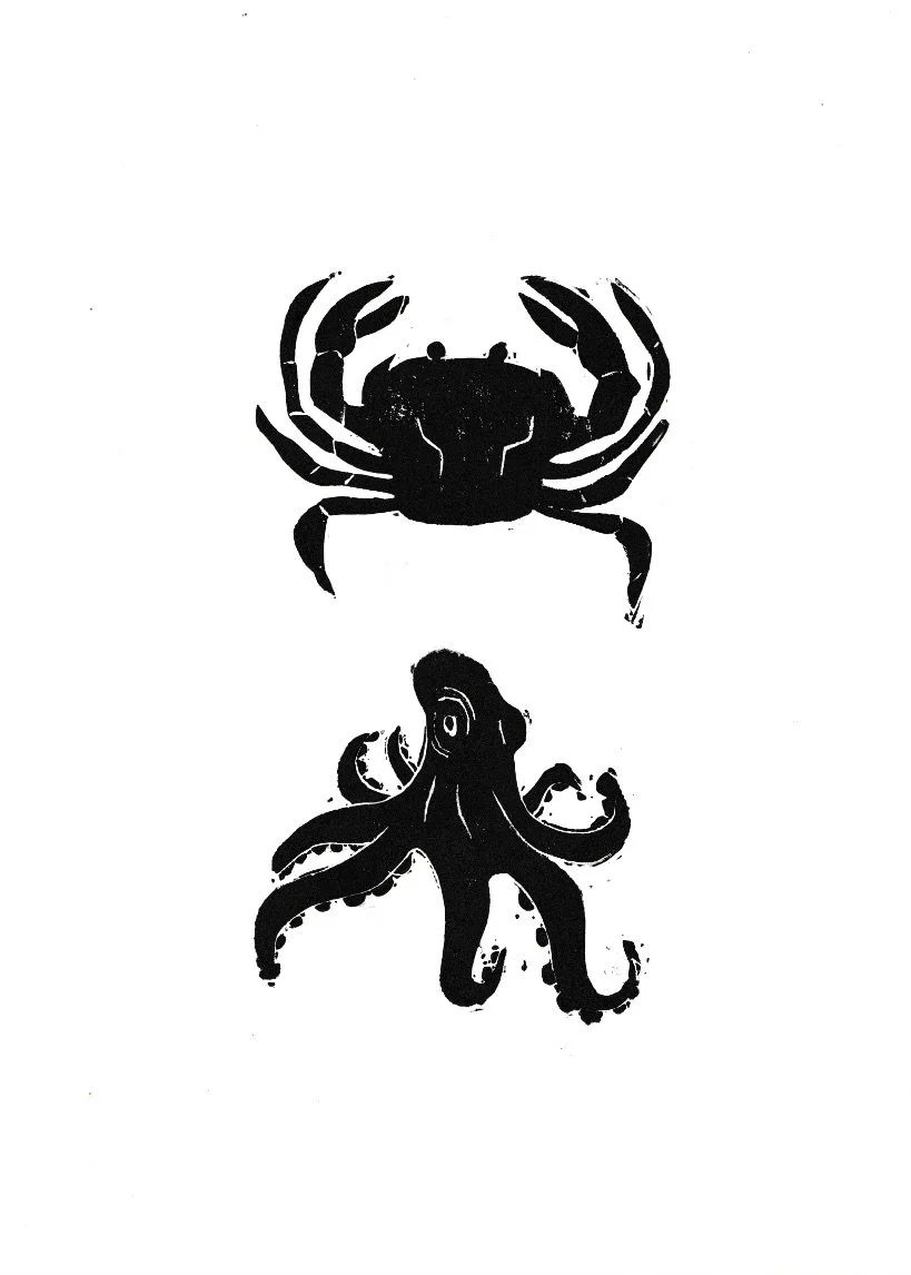 Lino Print Crab & Octopus (8x10)