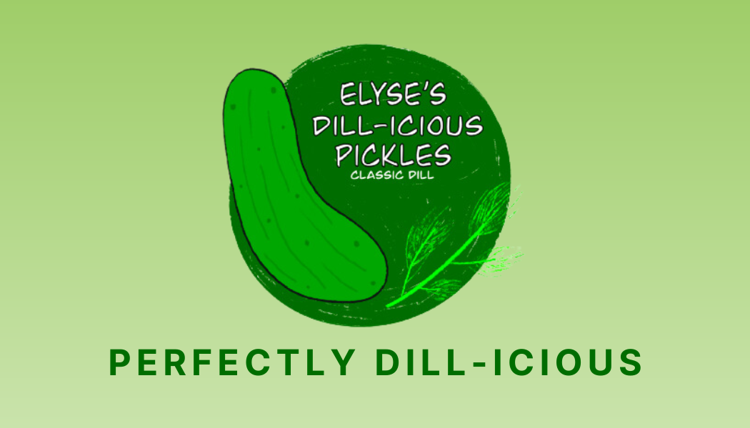 Logo for Elyse's Dill-icious Pickles featuring a pickle and dill leaf with the text "Elyse's Dill-icious Pickles Classic Dill" and the slogan "Perfectly Dill-icious" on a light green background.