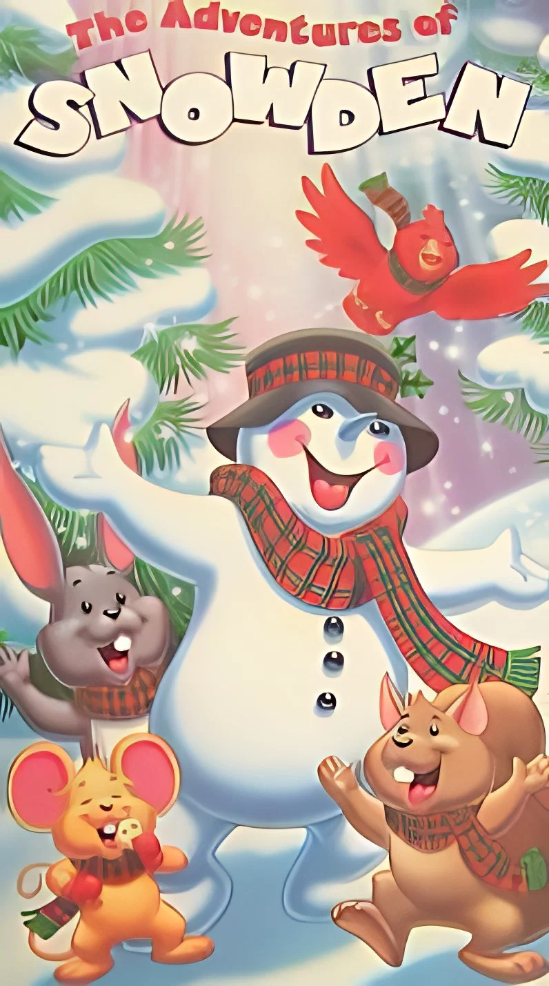 Colorful illustrated cover of "The Adventures of Snowden" featuring anthropomorphic animals, a snowman with a red scarf and plaid hat, a cheerful squirrel and mice, and a red bird, surrounded by pine branches and snow.