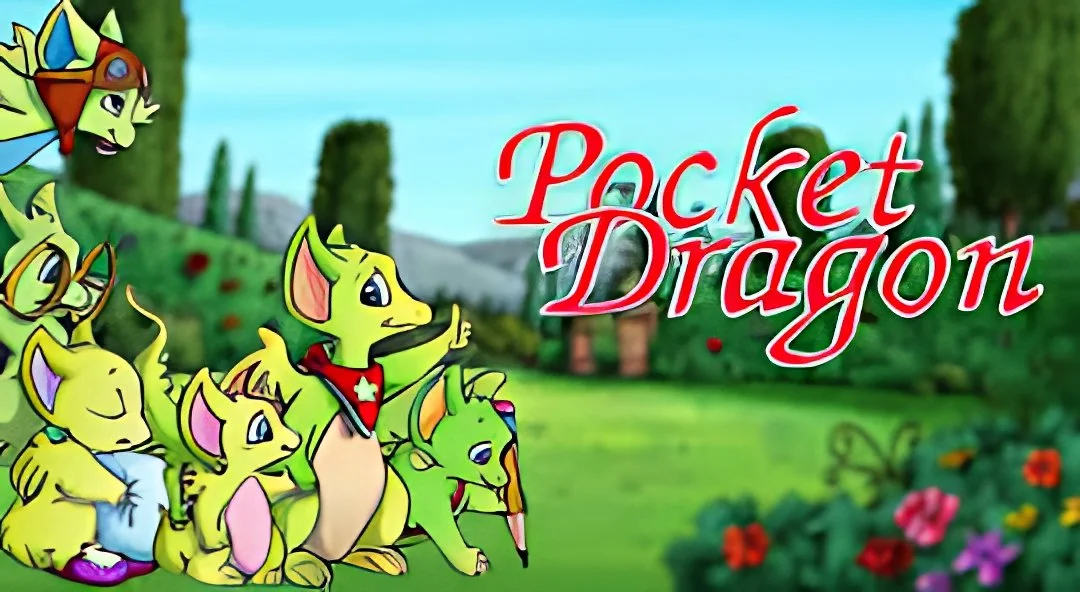 Colorful animated cartoon scene with several adorable animal characters, including a central gray fox with a red cape and a star, sitting in a lush outdoor setting with trees, flowers, and a blue sky, alongside the text 'Pocket Dragon' in red.