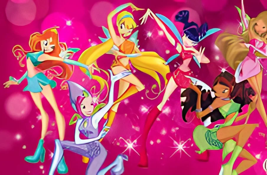 Multiple colorful animated fairy characters dancing against a pink background.