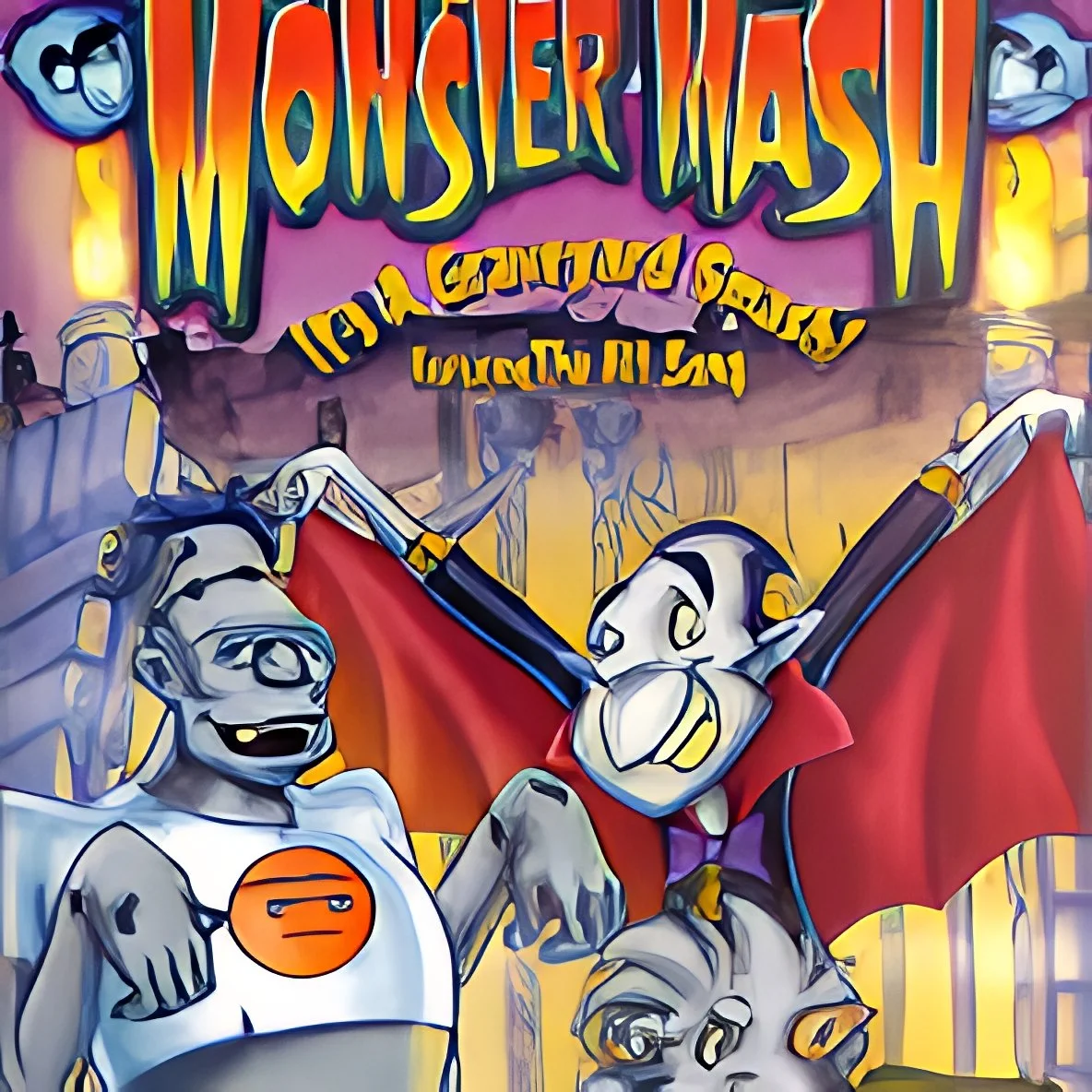 Colorful cartoon-style illustration of two characters celebrating in front of a sign that reads 'Monster Bash,' with a pink and yellow background and festival lighting.