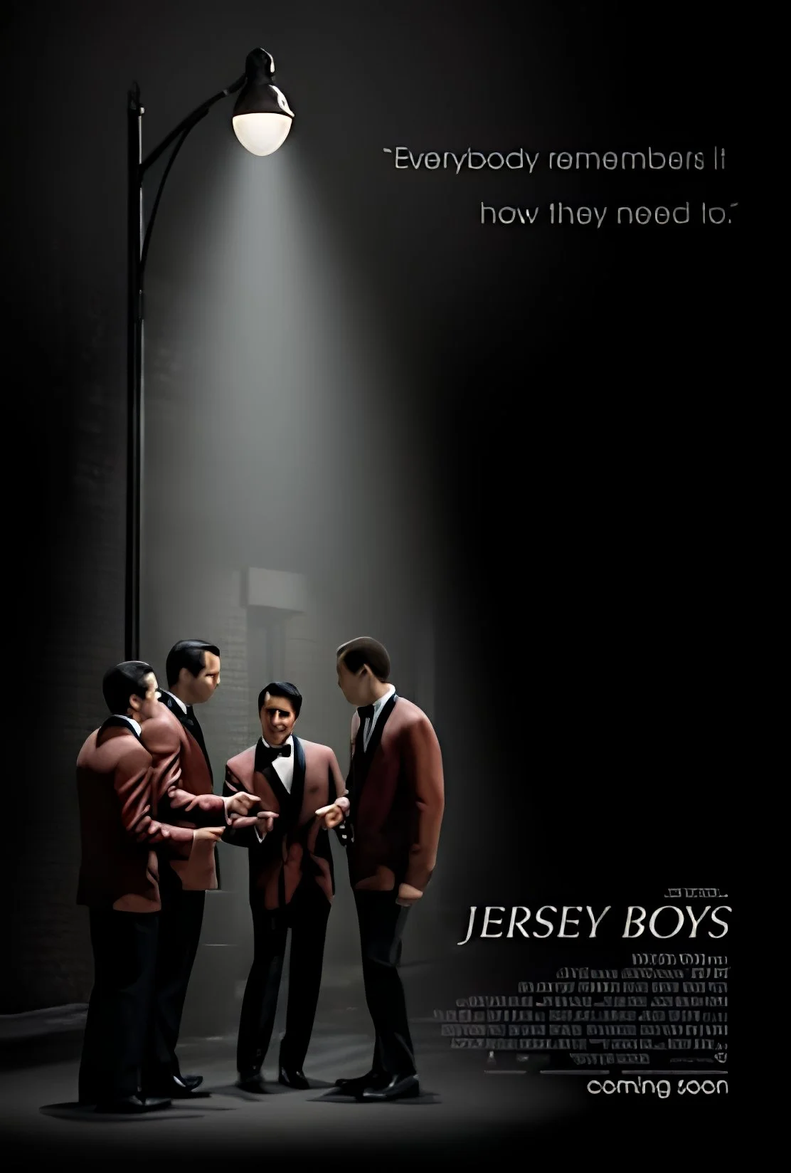 Figurines of five men in tuxedos shaking hands, standing under a streetlamp, with text about Jersey Boys and a note 'coming soon'.