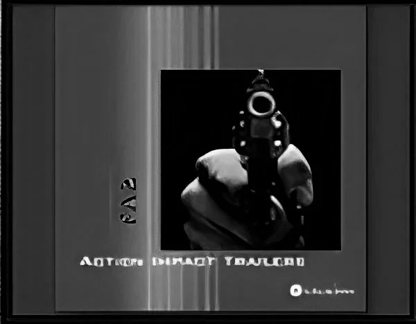 Black and white photo of a person pointing a gun directly at the camera.
