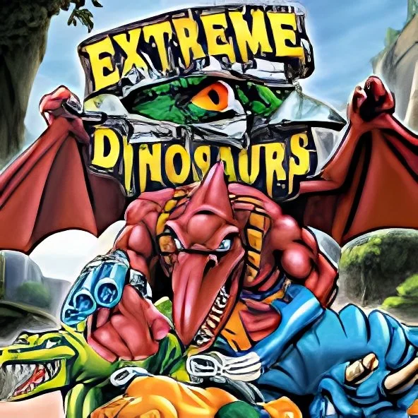 Colorful jungle scene with a dragon and dinosaur theme, featuring a sign reading 'Extreme Dinosaurs' at the top.