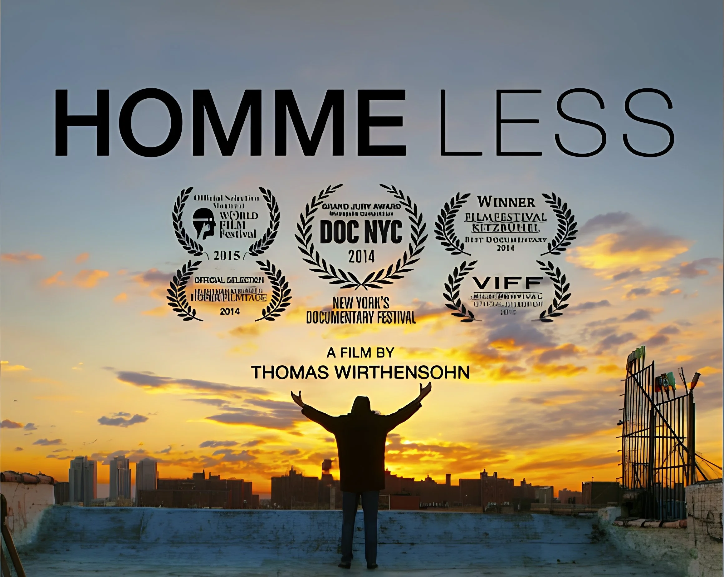 A person with horns on their head, standing on a rooftop at sunset, with a city skyline in the background, and approval awards graphic overlayed.