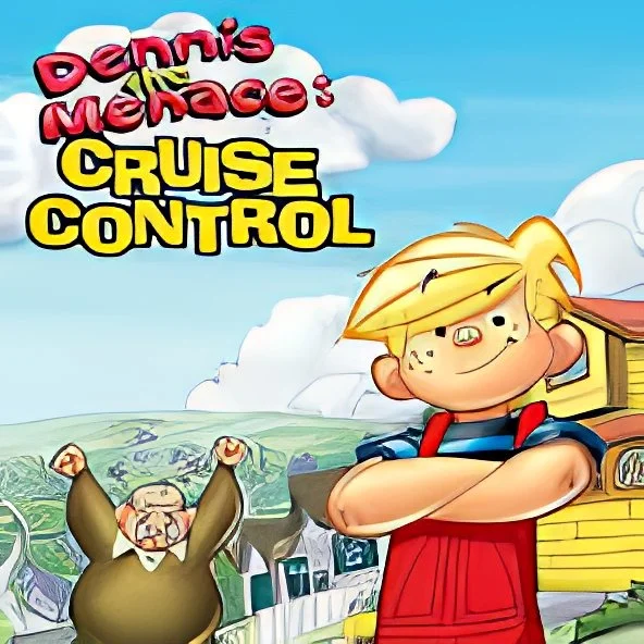 Cartoon image from Dennis the Menace: Cruise Control featuring Dennis with arms crossed and a cheerful expression, and another character raising arms in excitement, with a background of a train and clouds.