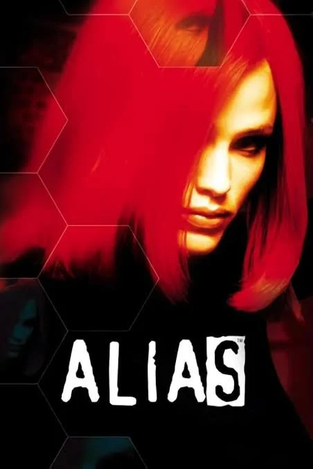 Poster for the TV series 'Alias' featuring a woman with bright red hair and intense expression, with a black background and red accents.