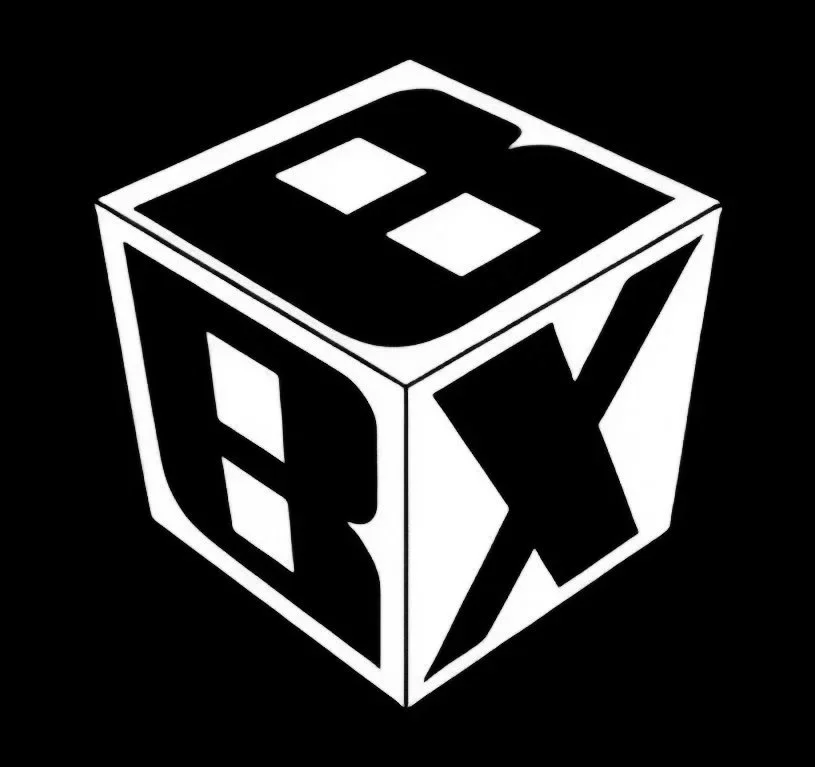 Black and white illustration of a cube with the letters 'B' and 'X' on its visible faces.
