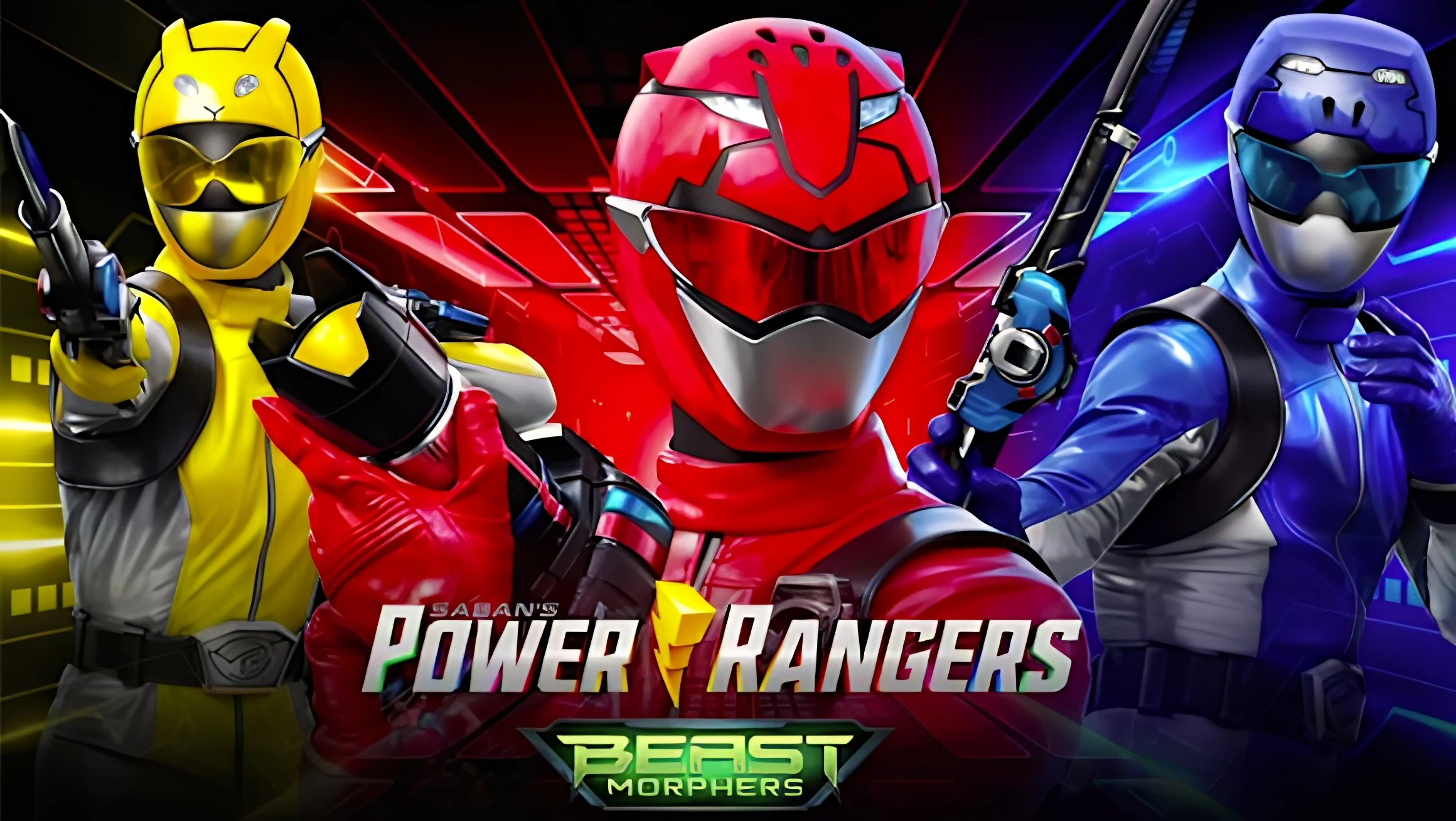 Three colorful Power Rangers characters in stands, wearing suits and helmets, with the Power Rangers logo and the words 'Beast Morphers' in front of them.