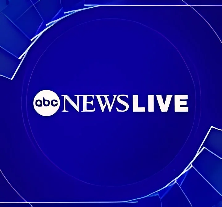 ABC News Live logo on a blue background with circular and line designs.