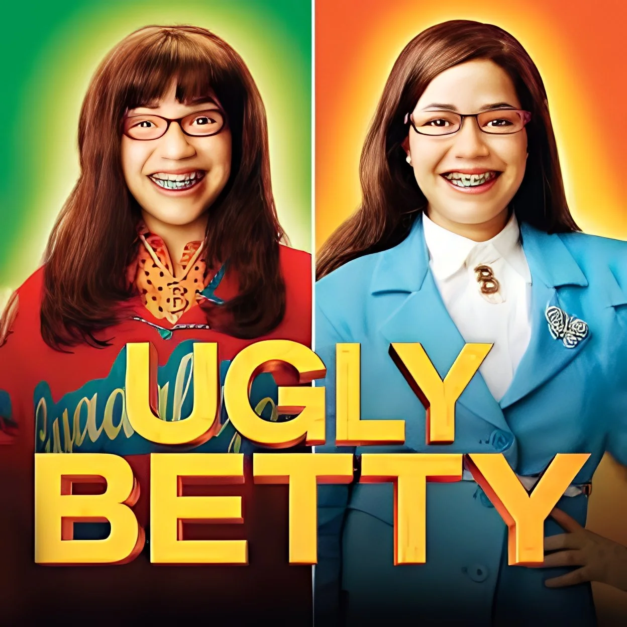 Digital poster features two women, one on the left with brown hair and glasses, wearing a red blazer and smiling, one on the right with brown hair and glasses, wearing a blue blazer and smiling. The background is green on the left and orange on the right. Text at the bottom says 'Good Ugly Betty' in bold yellow and red letters.
