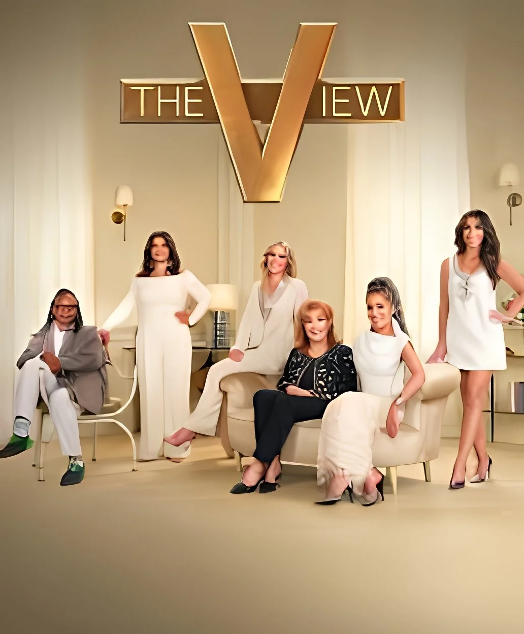 A group of seven women sitting and standing in a stylish room with a large gold sign reading 'The View' behind them.