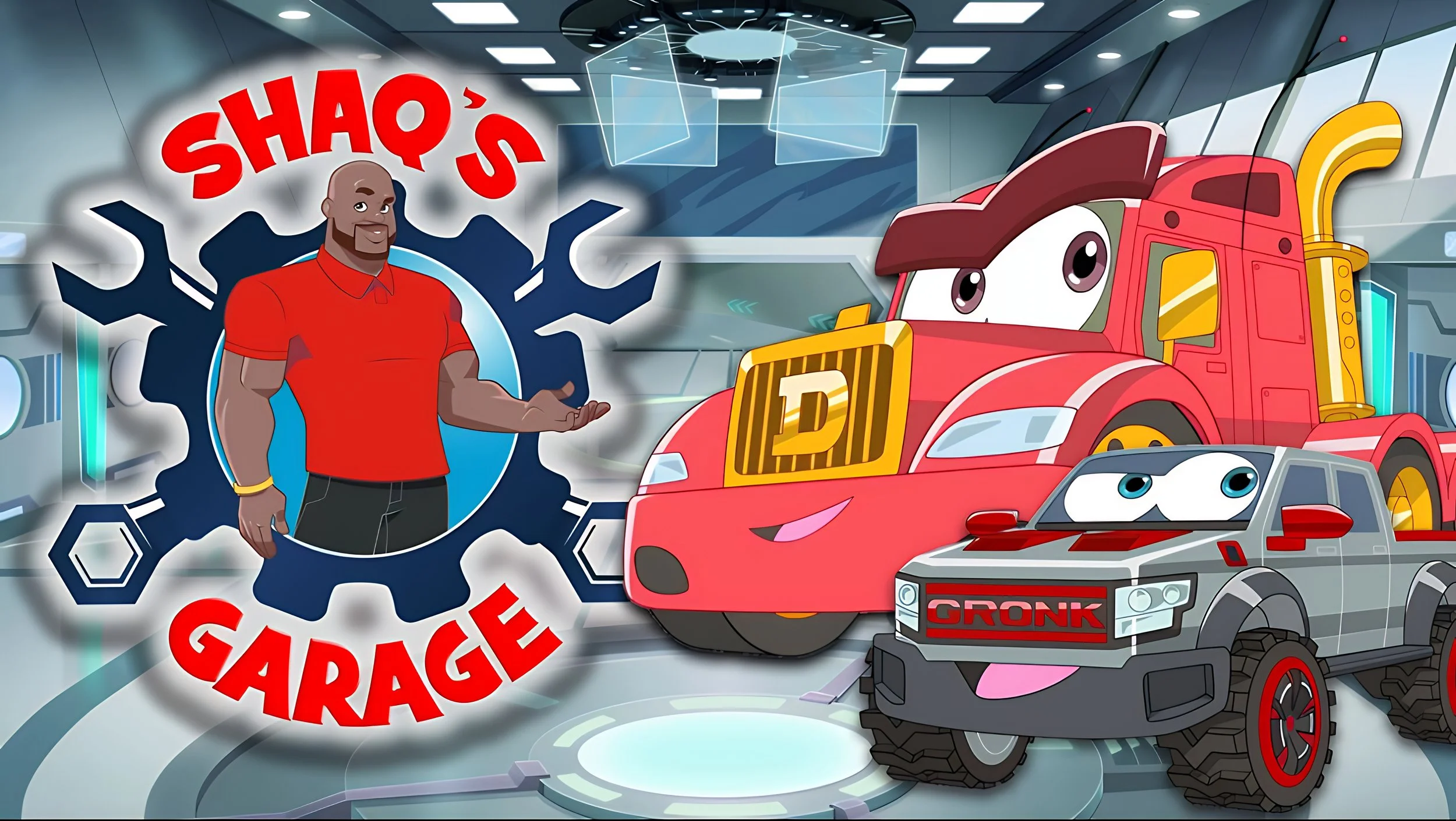 Animated scene of a high-tech garage with two cartoon cars and a human mechanic. The garage has futuristic designs with floating screens and hexagonal patterns. The large red semi-truck with eyes and a smiling face is on the right, and a smaller gray race car with eyes and a smiling face is in the foreground. A man with a beard, bald head, wearing a red shirt and black pants stands next to a large gear-shaped background featuring the words 'SHAQ'S GARAGE' in red letters.