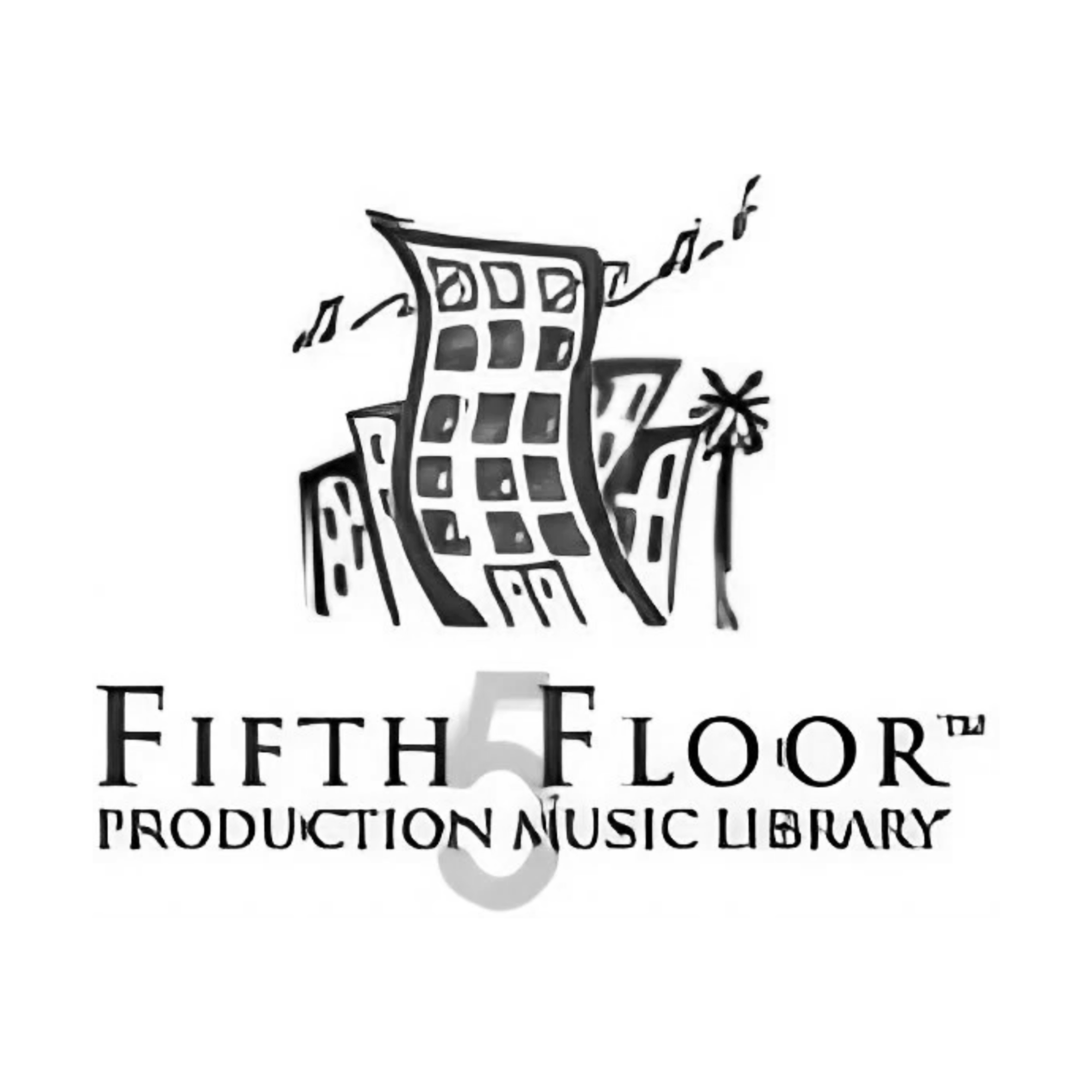 A black and white logo featuring a stylized building with a bird perched on top. Below the building, text reads 'Fifth Floor' and 'Production & Music Library'.