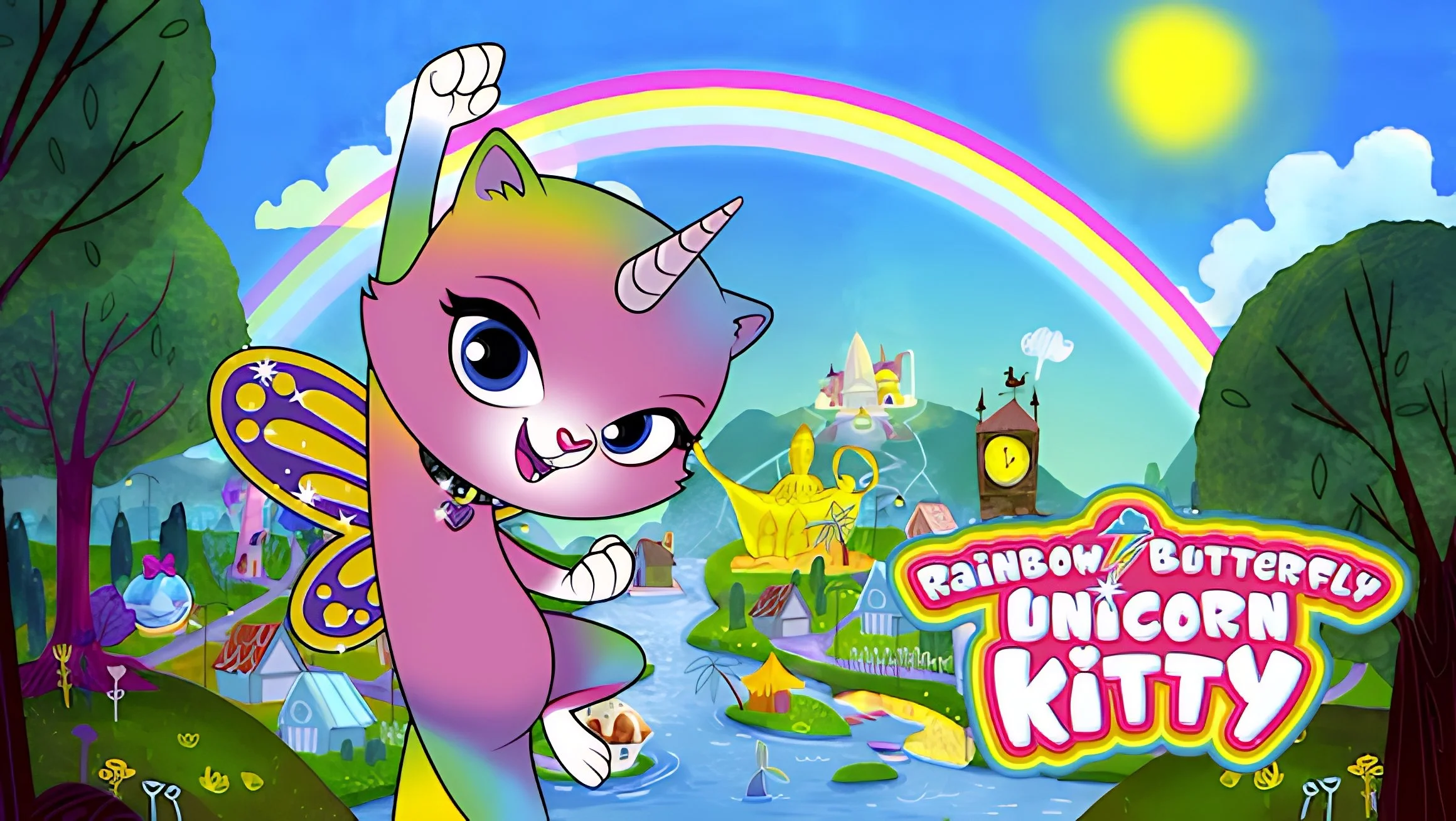 Colorful animated illustration of a pink unicorn with large blue eyes, a rainbow-colored mane, wearing butterfly wings, and a heart-shaped necklace, in a fantasy landscape with rainbows, trees, a castle, a clock tower, and a rainbow waterfall, with the title 'Rainbow Butterfly Unicorn Kitten'.