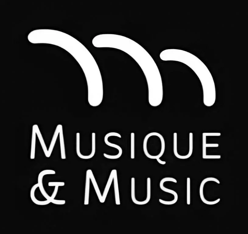 Black background with a white abstract musical symbol above white text that reads "Musique & Music".