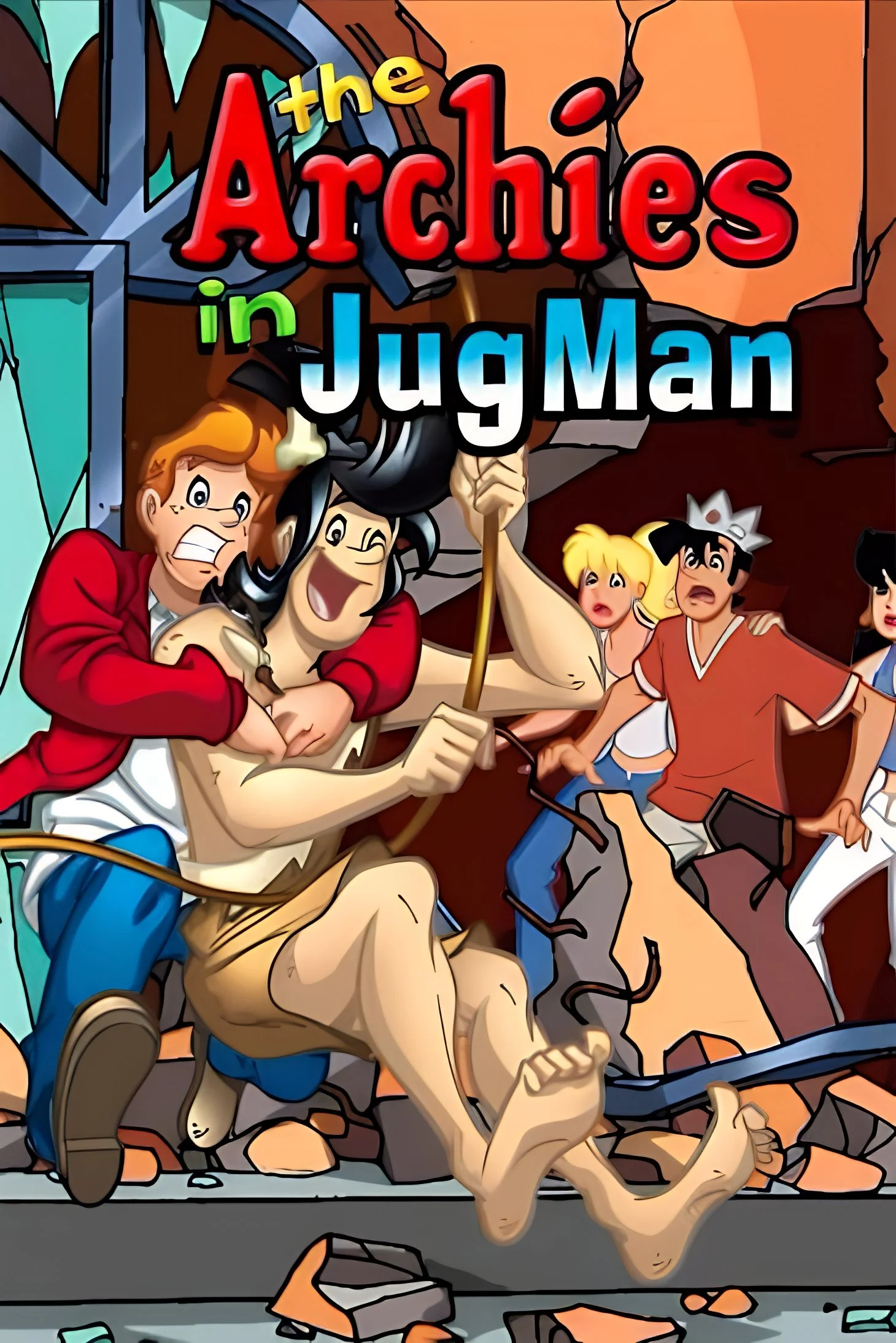 Colorful cartoon poster for 'The Arches in JugdMan' showing animated characters fighting or in action, with large text and a dynamic scene.