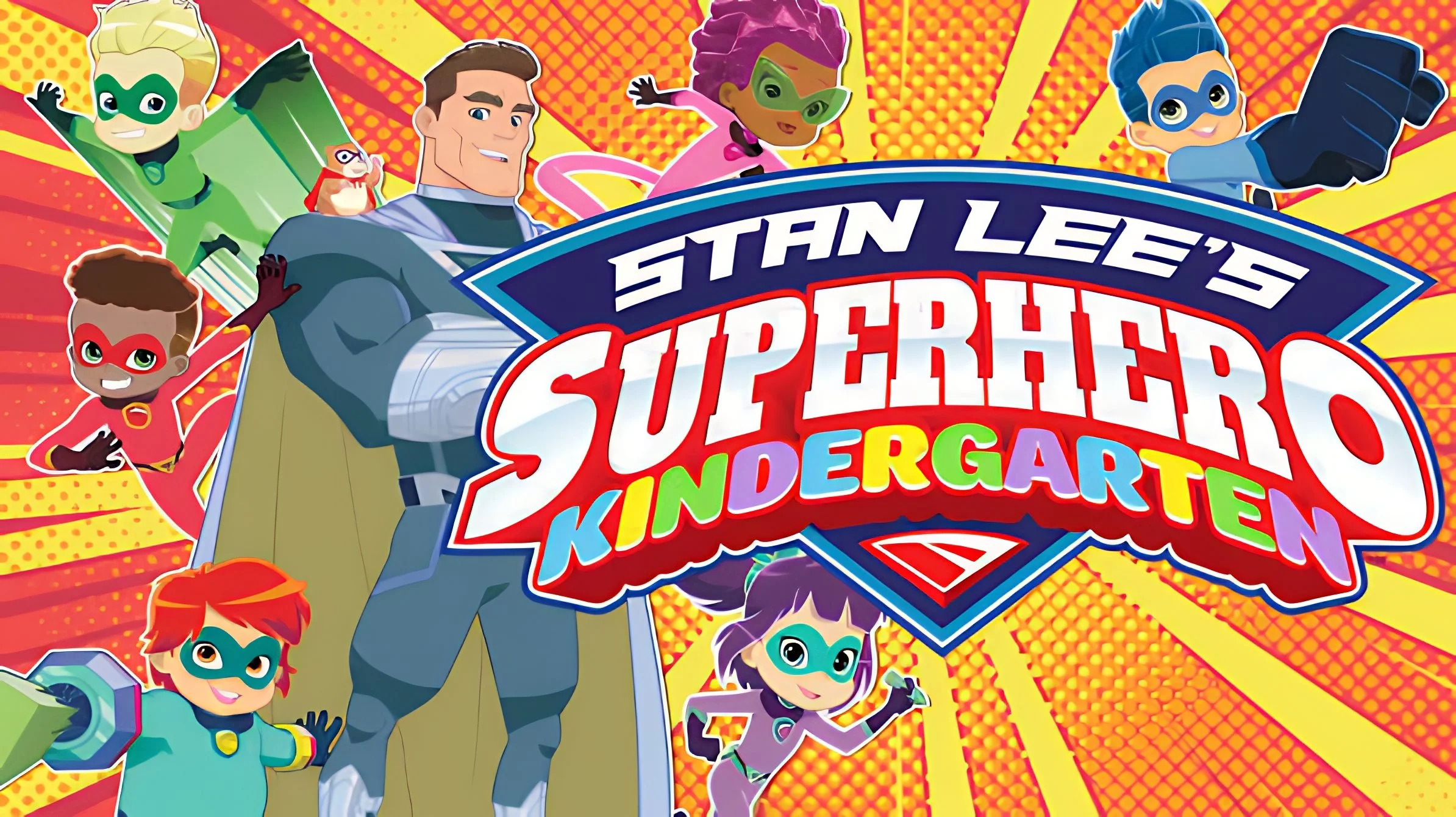 Colorful animated poster featuring superhero characters from 'Stan Lee's Superhero Kindergarten', with a diverse group of kids in superhero costumes and masks, and a superhero adult figure, set against a vibrant comic-book-style background.