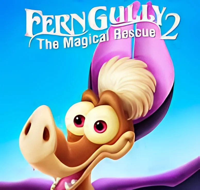 Cover art for FernGully 2: The Magical Bascade showing a cartoon dragon with large pink eyes against a blue background.