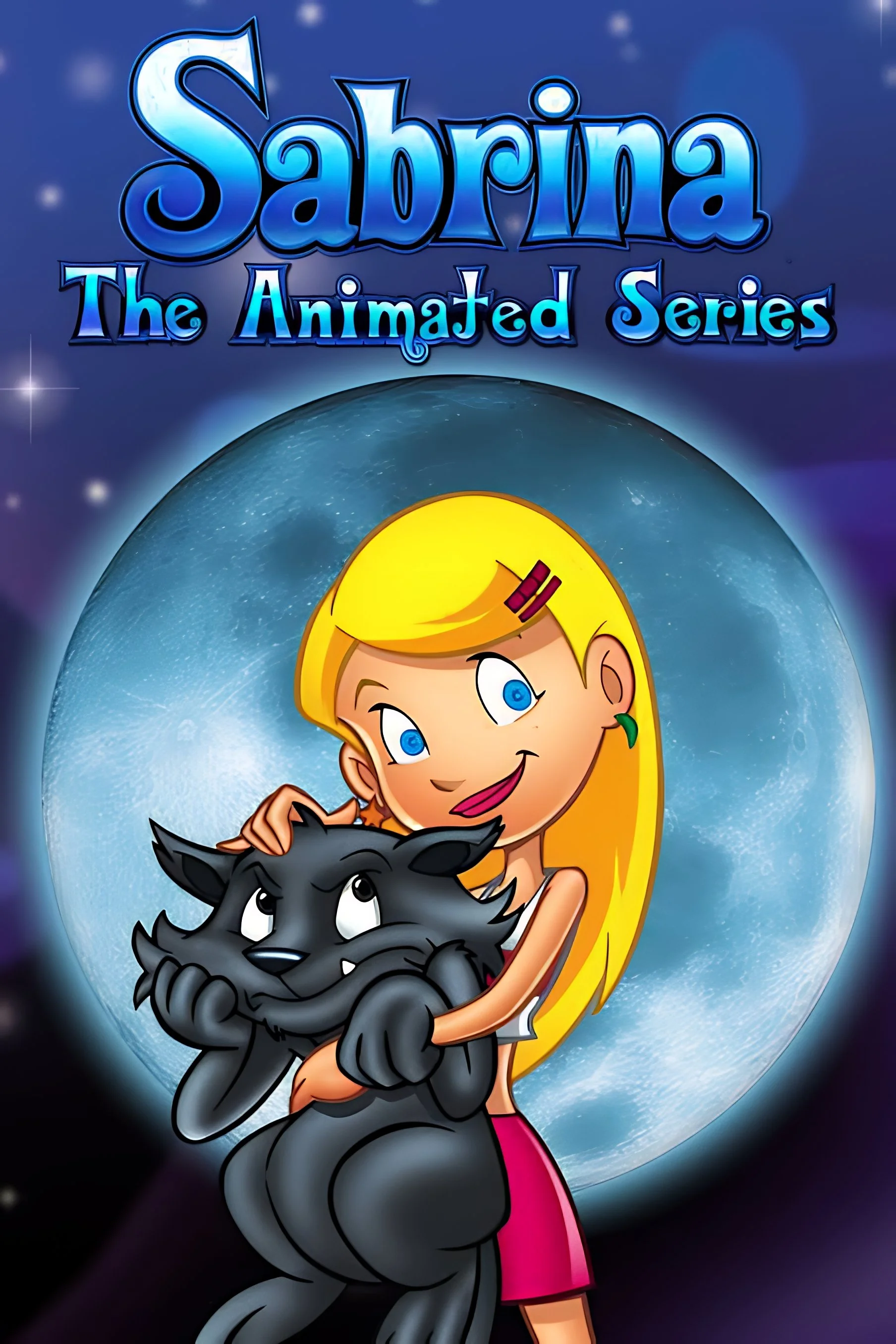 The cover of 'Sabrina: The Animated Series' featuring Sabrina, a young girl with long blonde hair, green earrings, and a pink dress, holding a black wolf with a cute, animated expression, against a cosmic background with a planet and stars.