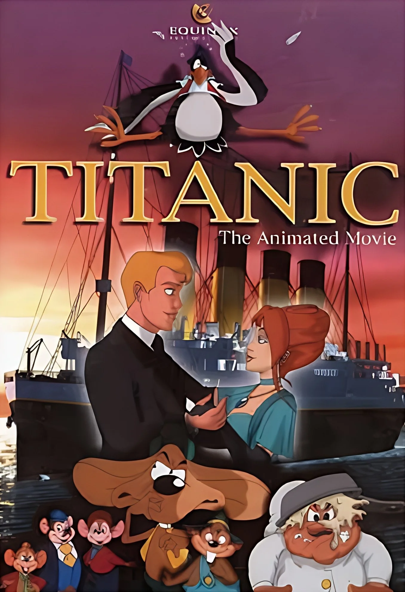 Promotional poster for the animated movie 'Titanic,' featuring animated characters including a man in a tuxedo and a woman holding a ship's throttle, with a large ship and a sunset in the background.
