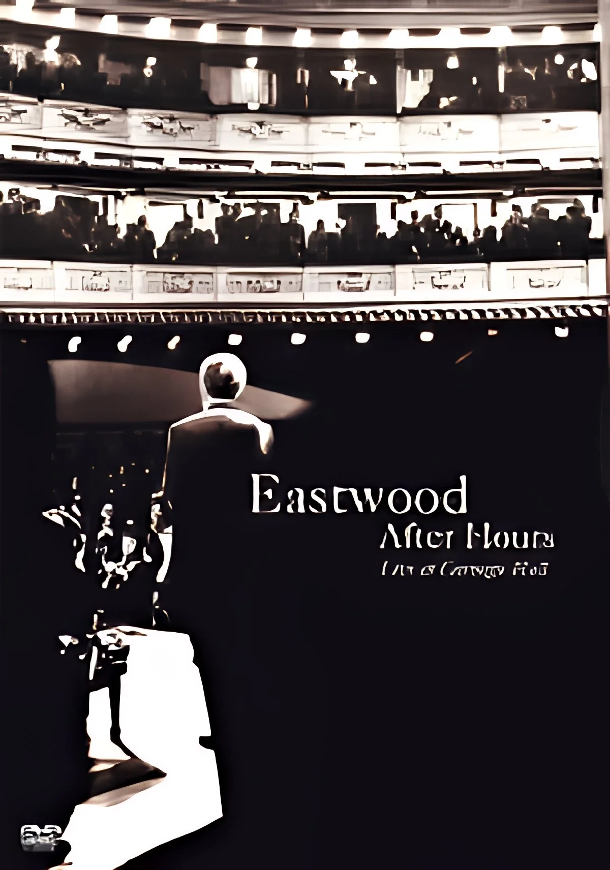 Black and white promotional poster for Eastwood After Hours nightclub, featuring a silhouette of a man in a suit walking with a bicycle, and a reflection of a busy indoor scene with people and airplanes. The text reads "Eastwood After Hours" with additional smaller text underneath.