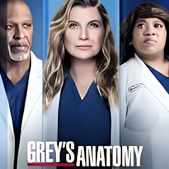 Three doctors in scrubs and white coats standing against a blue background, with the title 'Grey's Anatomy' at the bottom of the image.