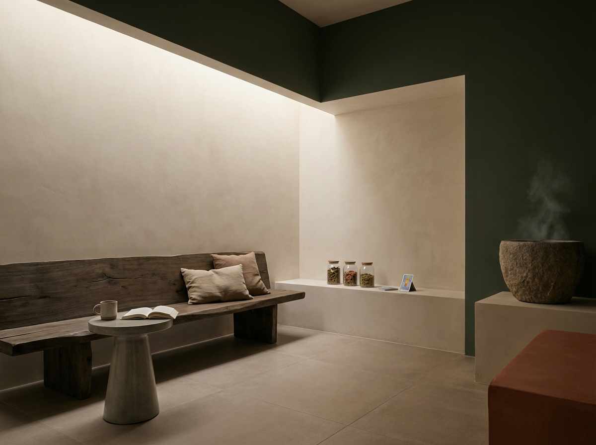 Minimalist interior with a wooden bench and throw pillows, a small round table with a mug and an open book, a ledge with jars of herbs, and a large stone bowl with steam, against neutral walls.