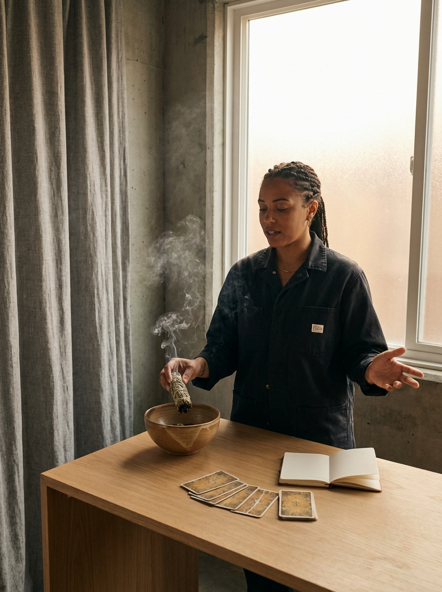 A woman with braided hair stands by a wooden table, holding a burning sage smudge stick over a ceramic bowl. The table has an open notebook and several cards laid out. She is in a room with concrete walls, large window diffusing light, and gray curtains.