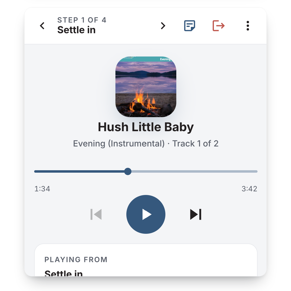 Music player screen displaying a song titled "Hush Little Baby" with a cover image of a campfire by a lake at evening time, showing a purple sky with clouds and distant mountains, playing an instrumental version from track 1 of 2.