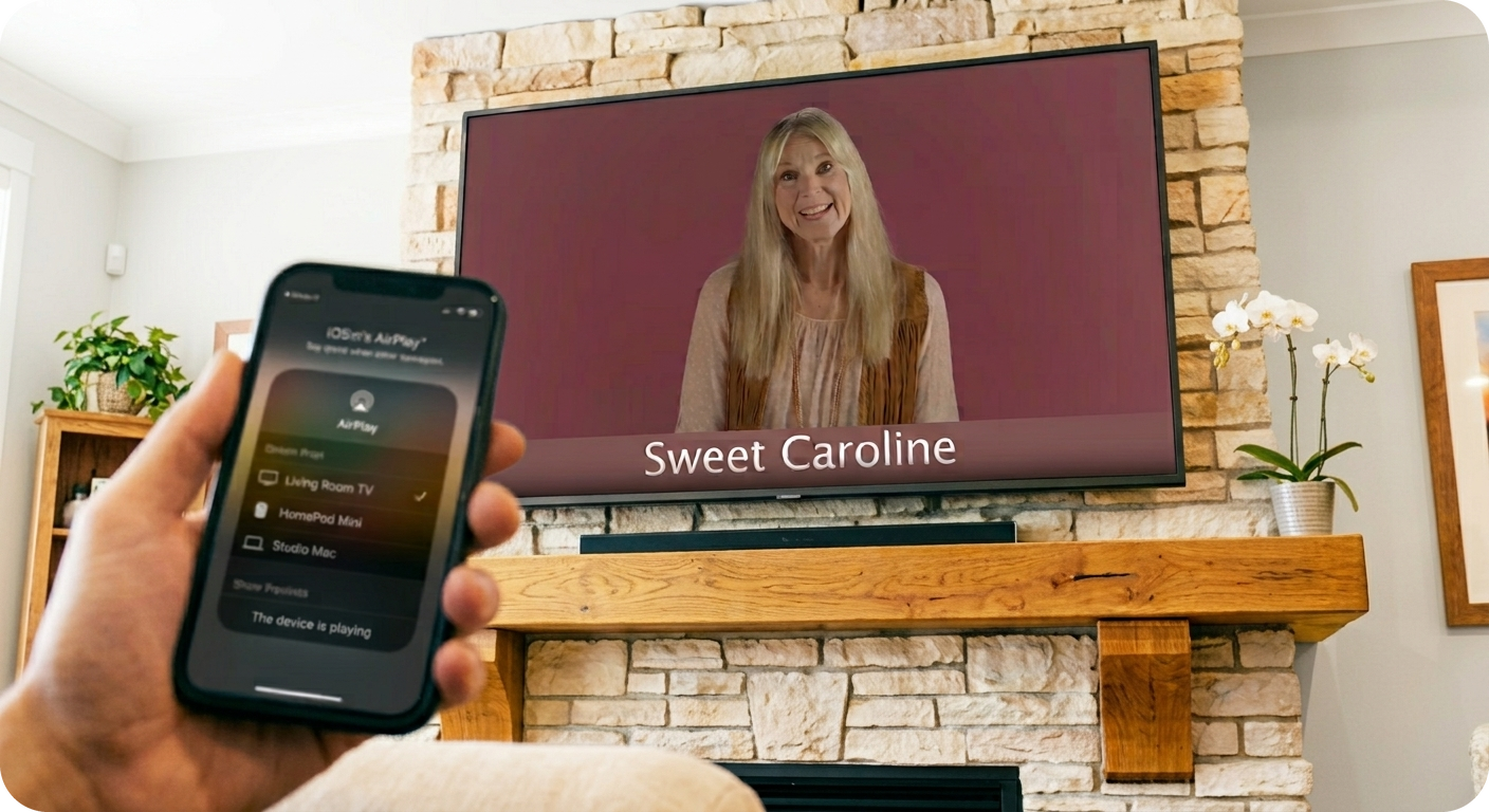 Person holding a smartphone with an AirPlay menu, streaming a TV show called "Sweet Caroline" on a wall-mounted television in a living room with a stone fireplace, wooden mantel, and potted plant.