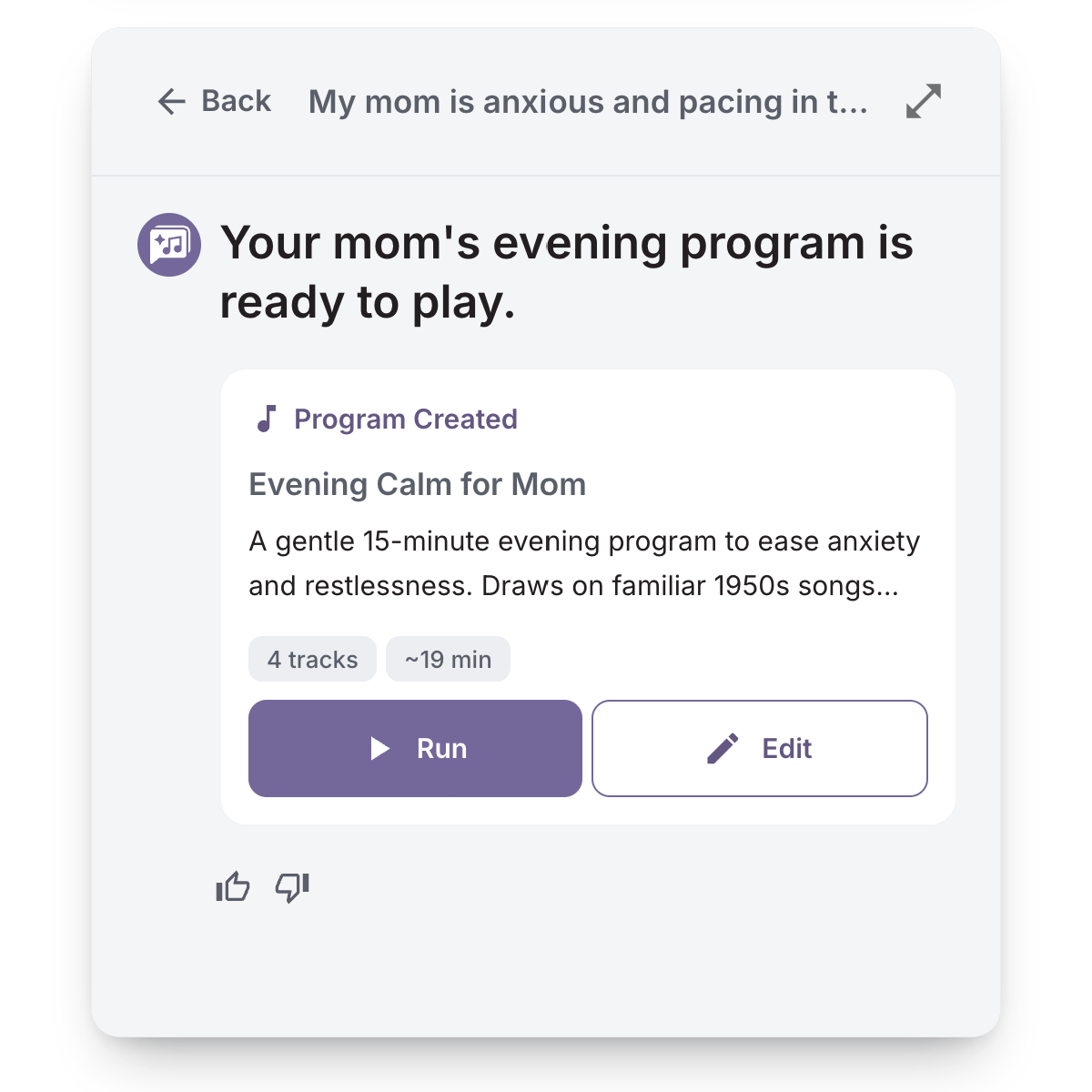 Screenshot of a digital meditation or relaxation program titled 'Evening Calm for Mom,' designed to ease anxiety and restlessness with four tracks, lasting approximately 19 minutes.