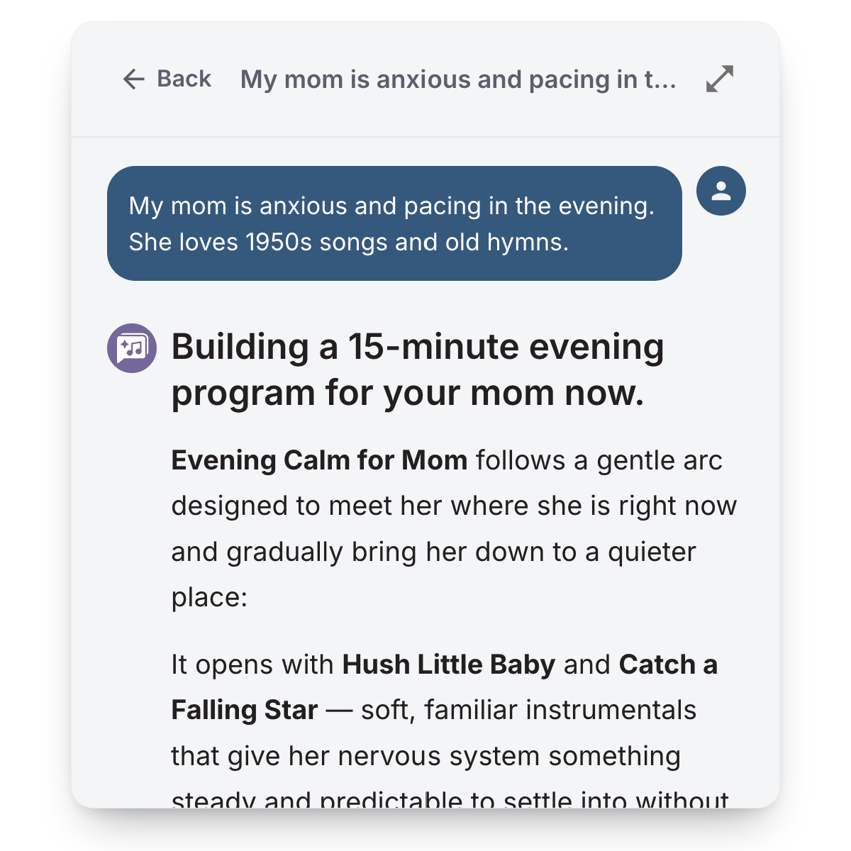 Screenshot of a mobile app or website displaying a conversation and a program suggestion for calming an anxious mom, including references to songs and hymns from the 1950s.