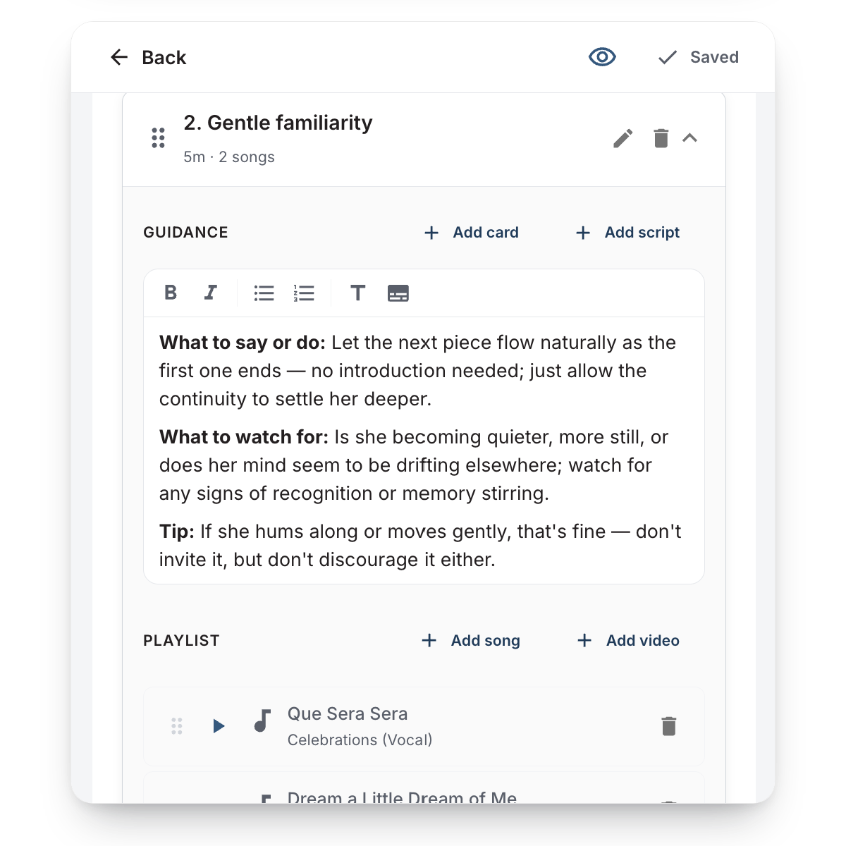 Screenshot of a digital guidebook or note with sections on gentle familiarity, guidance, tips, and a playlist, including song titles and instructions for mindfulness practices.