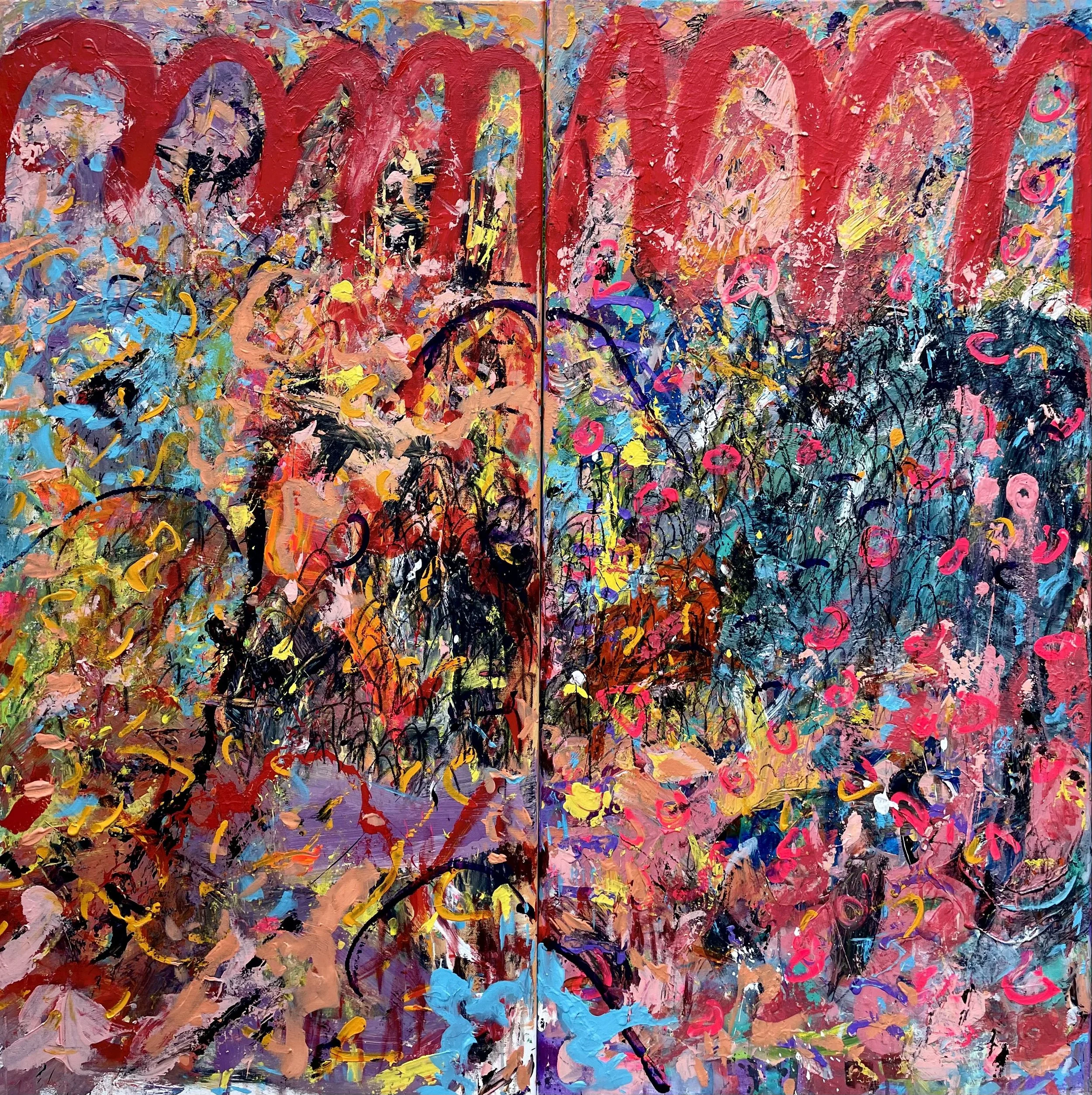 holding hands & dancing. Acrylic & charcoal on canvas. 48x96in.