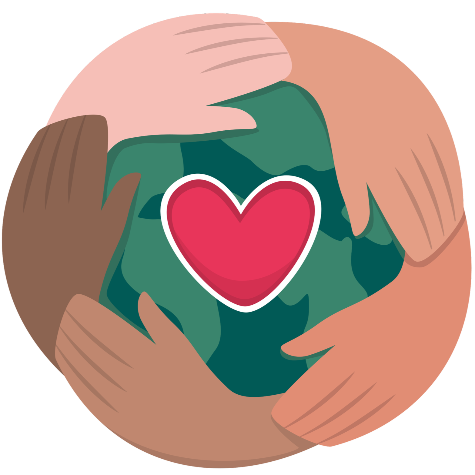 Illustration of three hands, two light-skinned and one dark-skinned, holding a globe with a red heart symbol on it.