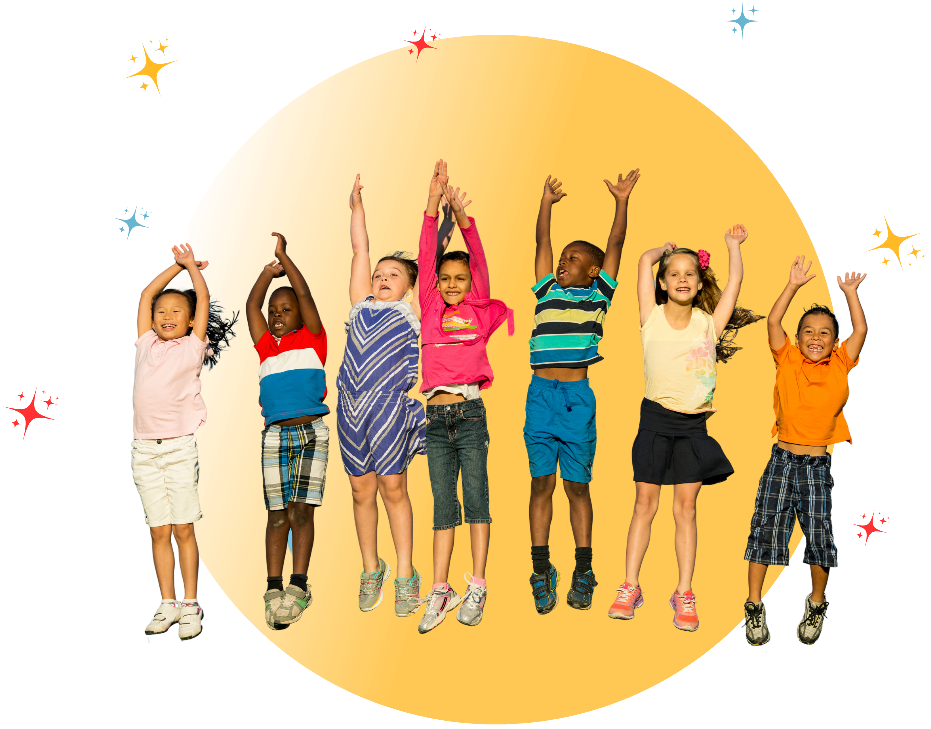 Group of diverse children jumping and smiling against a colorful abstract background.