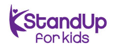Logo for Stand Up for Kids with purple text and abstract figure