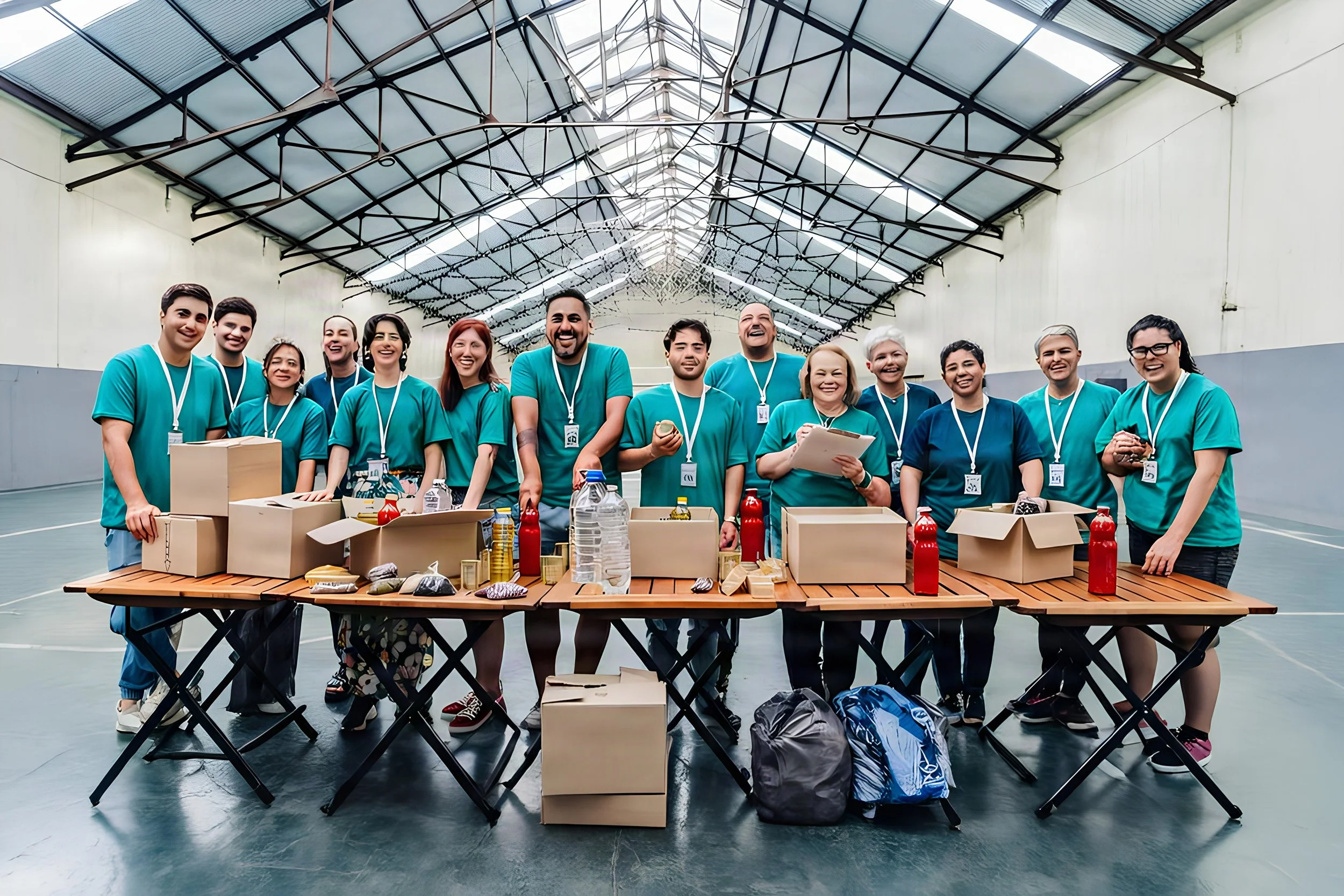 Group of people standing behind a table filled with boxes and supplies in a large indoor space.