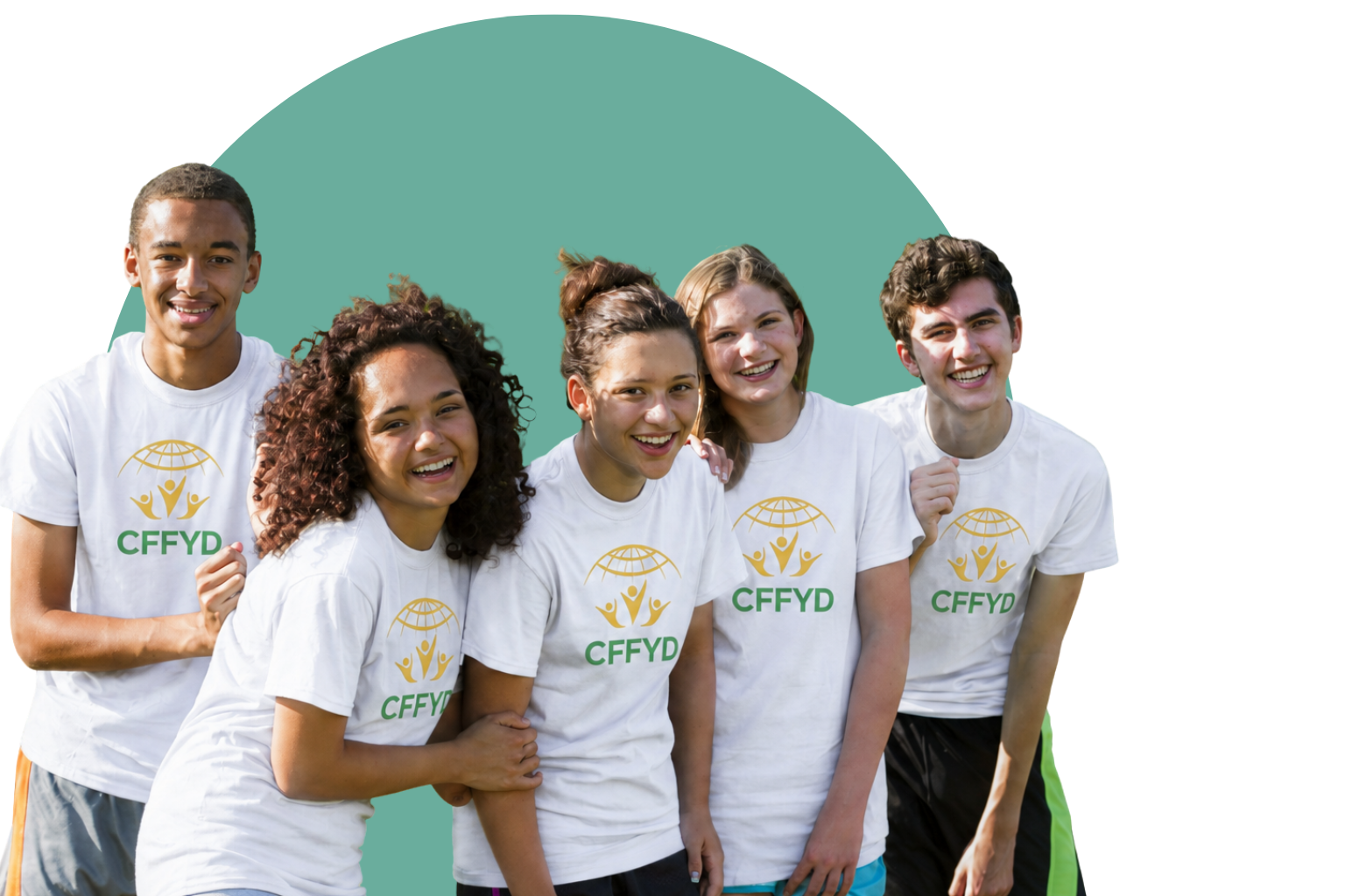 Group of five smiling teenagers wearing white T-shirts with the CFFYD logo, standing together outdoors against a transparent background.